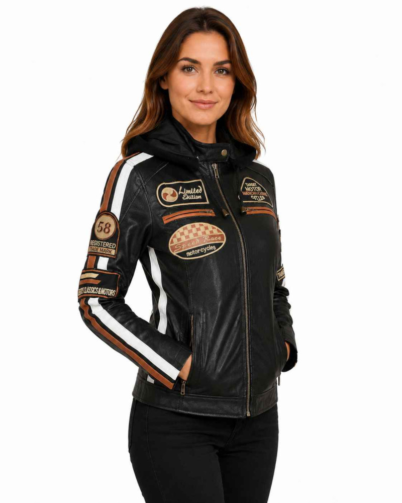 Women's Black Hooded Leather Motorcycle Racing Jacket
