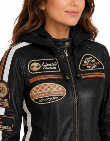 Women's Black Hooded Leather Motorcycle Racing Jacket