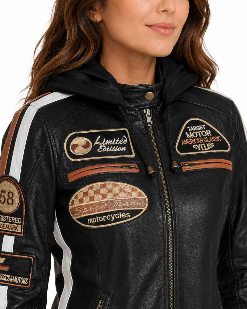Women's Black Hooded Leather Motorcycle Racing Jacket