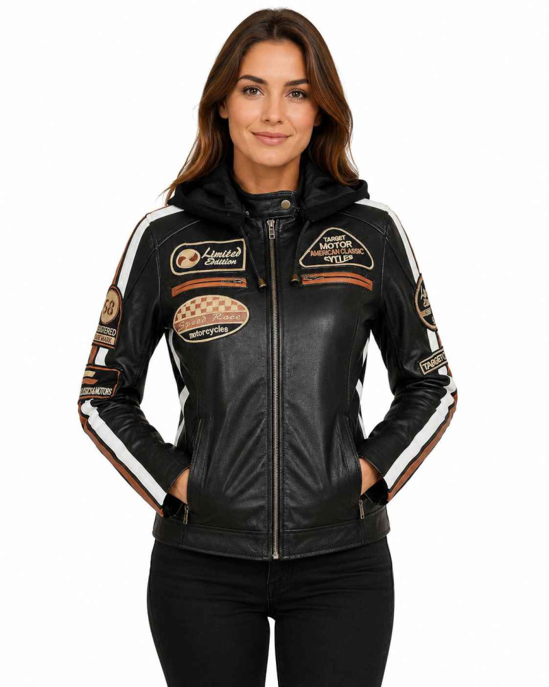 Women's Black Hooded Leather Motorcycle Racing Jacket