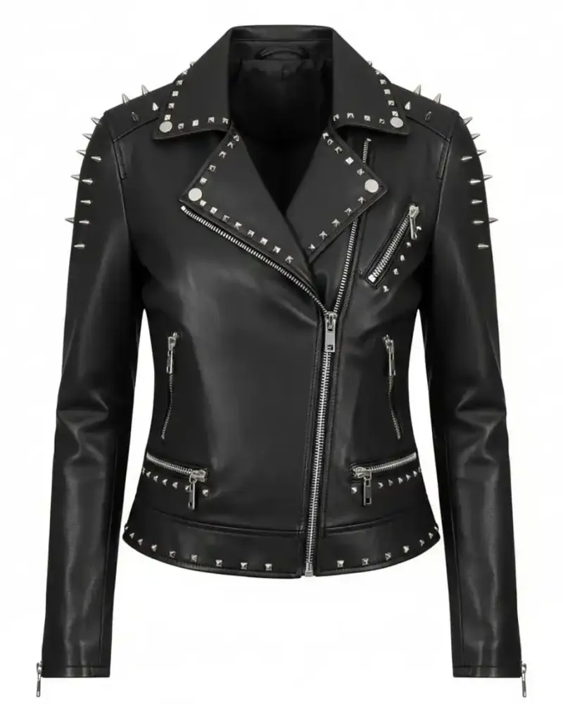 Women's Black Studded Leather Biker Jacket with Silver Spikes