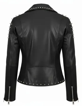 Women's Black Studded Leather Biker Jacket with Silver Spikes