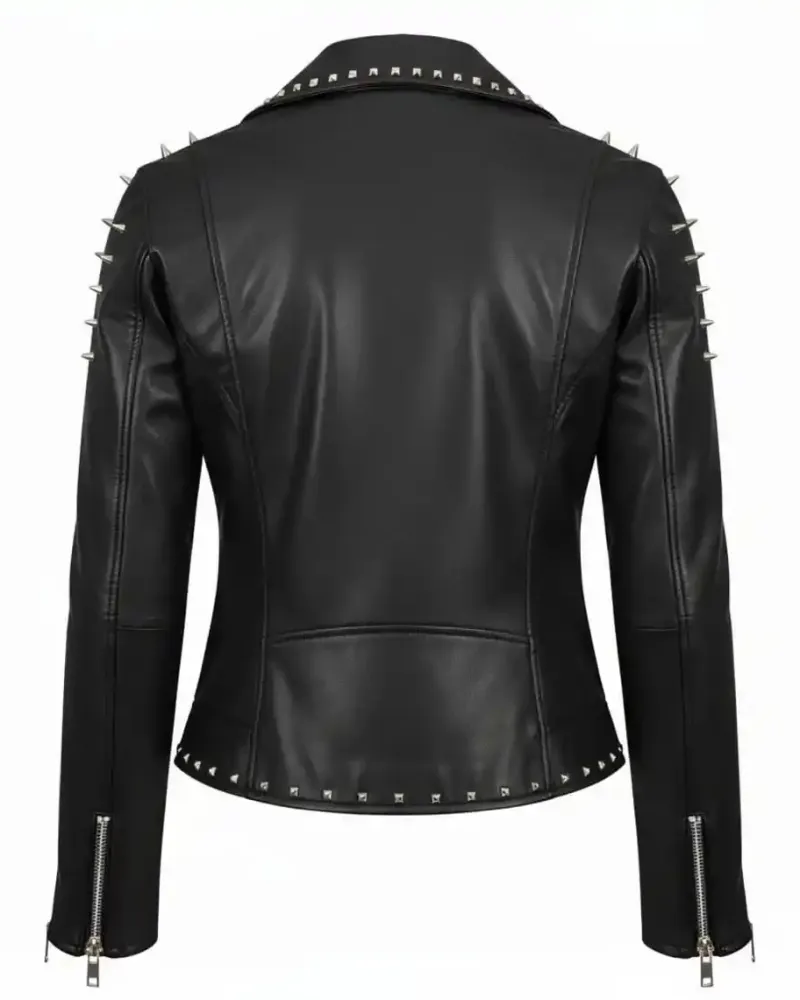 Women's Black Studded Leather Biker Jacket with Silver Spikes