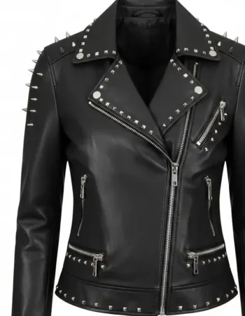 Women's Black Studded Leather Biker Jacket with Silver Spikes