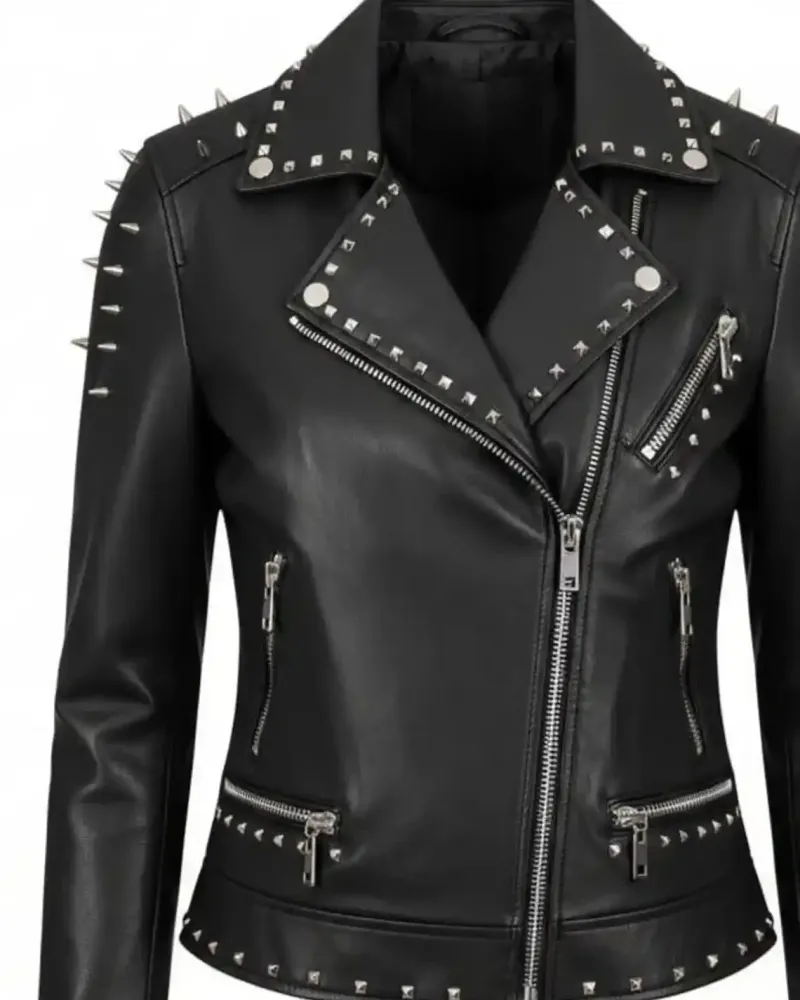 Women's Black Studded Leather Biker Jacket with Silver Spikes