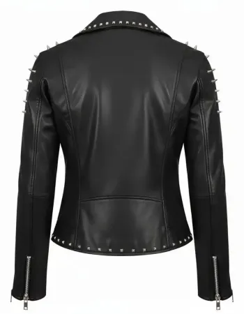 Women's Black Studded Leather Biker Jacket with Silver Spikes