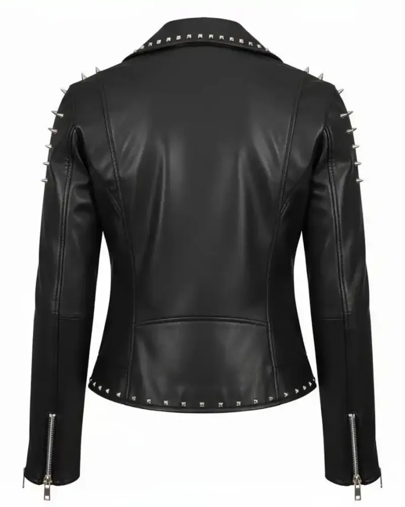 Women's Black Studded Leather Biker Jacket with Silver Spikes