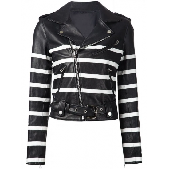 Womens Black and White Striped Leather Biker Jacket