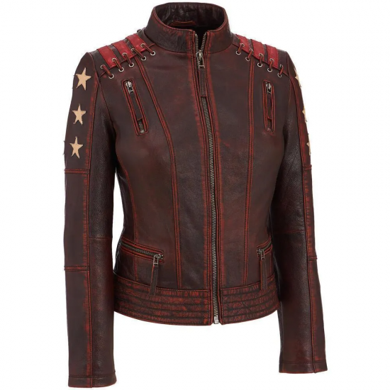 Womens Distressed Star Wars Vintage Stripes Style Cafe Racer Leather Jacket