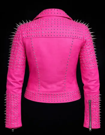 Women's Hot Pink Studded Leather Biker Jacket with Silver Spikes