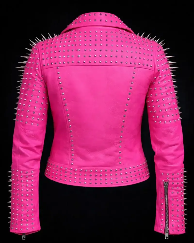 Women's Hot Pink Studded Leather Biker Jacket with Silver Spikes