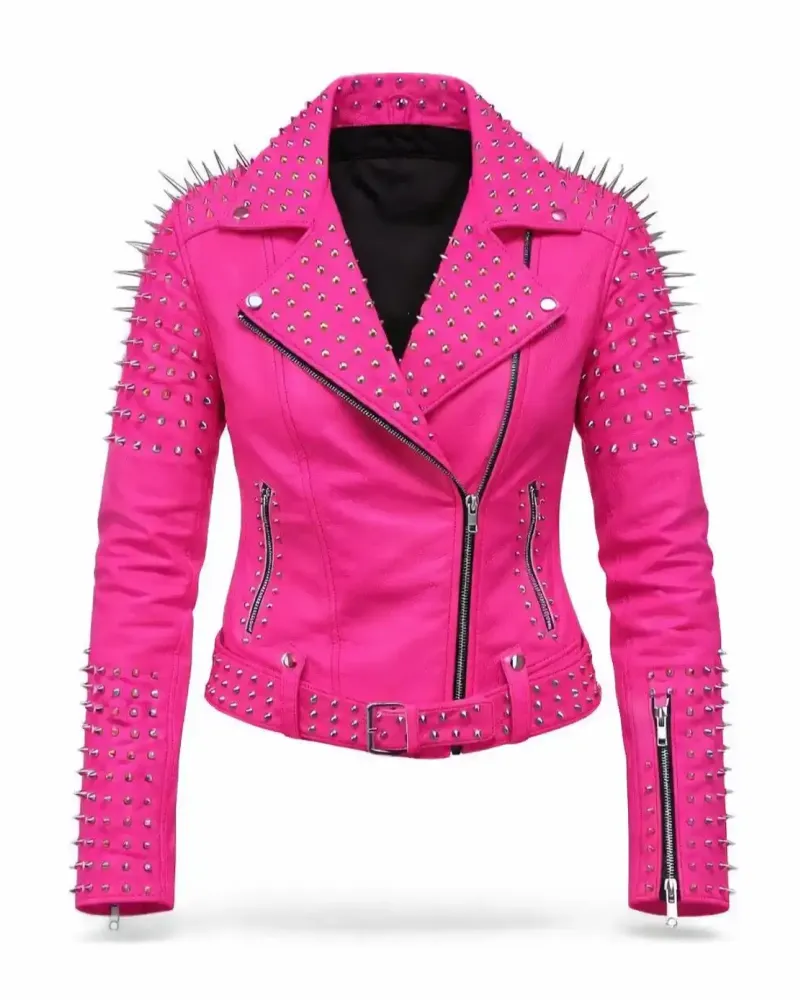 Women's Hot Pink Studded Leather Biker Jacket with Silver Spikes