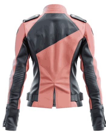 Women's Peach Pink & Black Color Block Leather Moto Biker Jacket