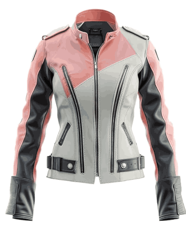 Women's Peach Pink & Black Color Block Leather Moto Biker Jacket