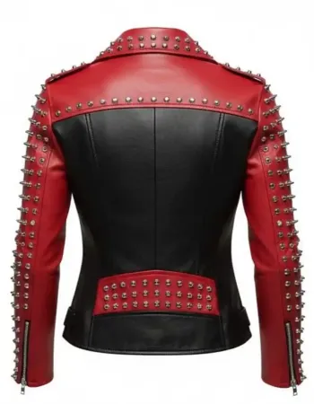Women's Red & Black Studded Leather Biker Jacket with Silver Spikes