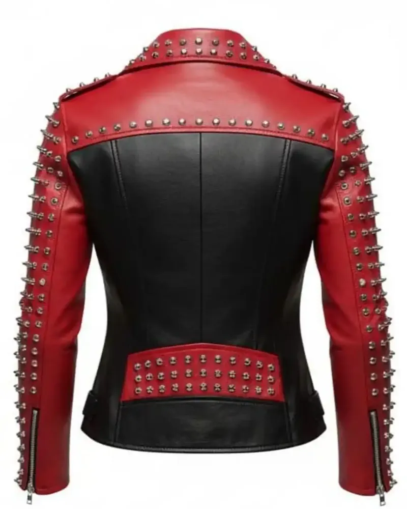 Women's Red & Black Studded Leather Biker Jacket with Silver Spikes