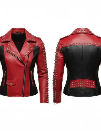 Women's Red & Black Studded Leather Biker Jacket with Silver Spikes