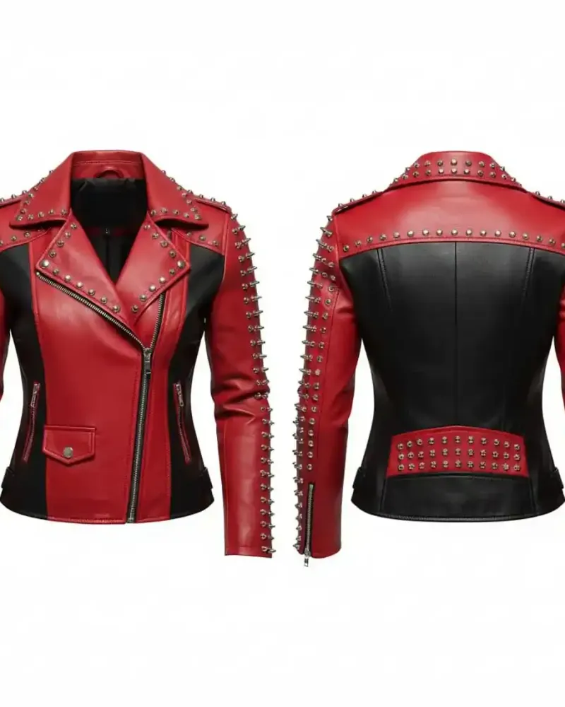 Women's Red & Black Studded Leather Biker Jacket with Silver Spikes