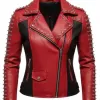 Women's Red & Black Studded Leather Biker Jacket with Silver Spikes