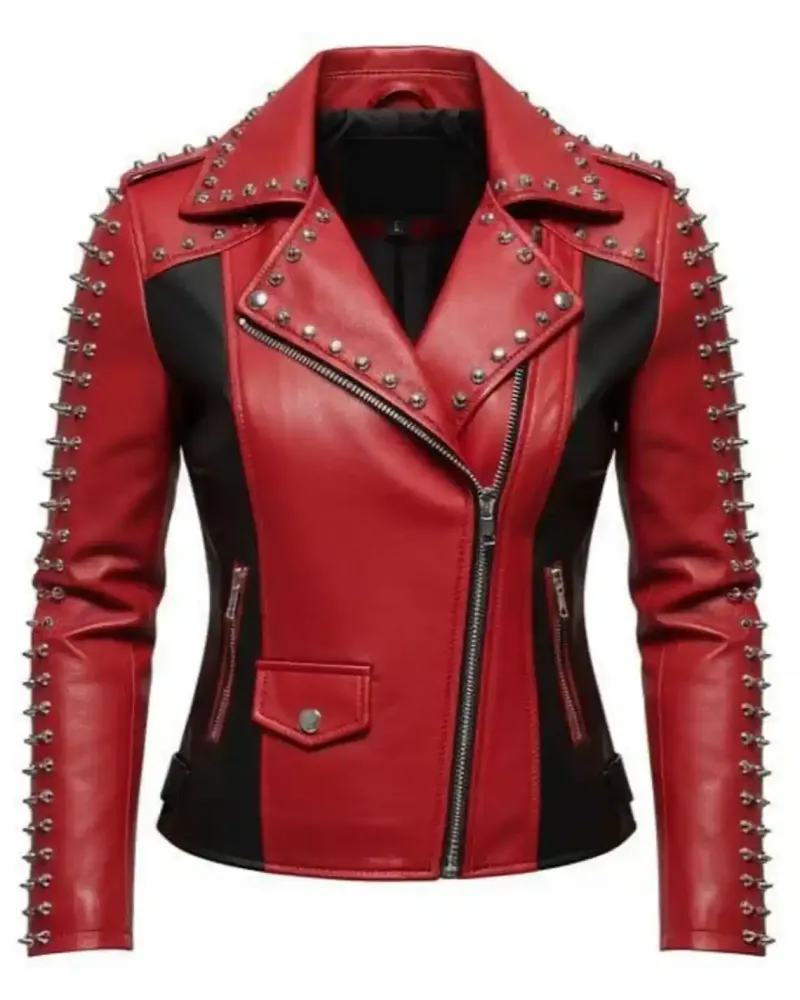 Women's Red & Black Studded Leather Biker Jacket with Silver Spikes