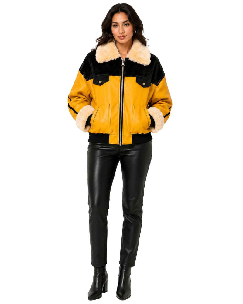 Women's Yellow & Black Shearling Leather Bomber Jacket