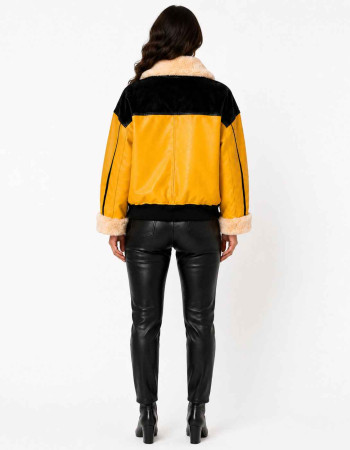 Women's Yellow & Black Shearling Leather Bomber Jacket