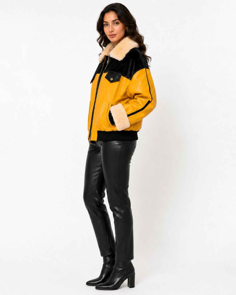 Women's Yellow & Black Shearling Leather Bomber Jacket
