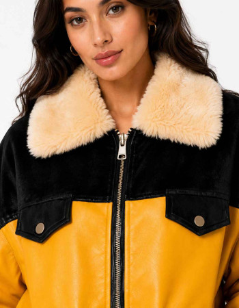 Women's Yellow & Black Shearling Leather Bomber Jacket