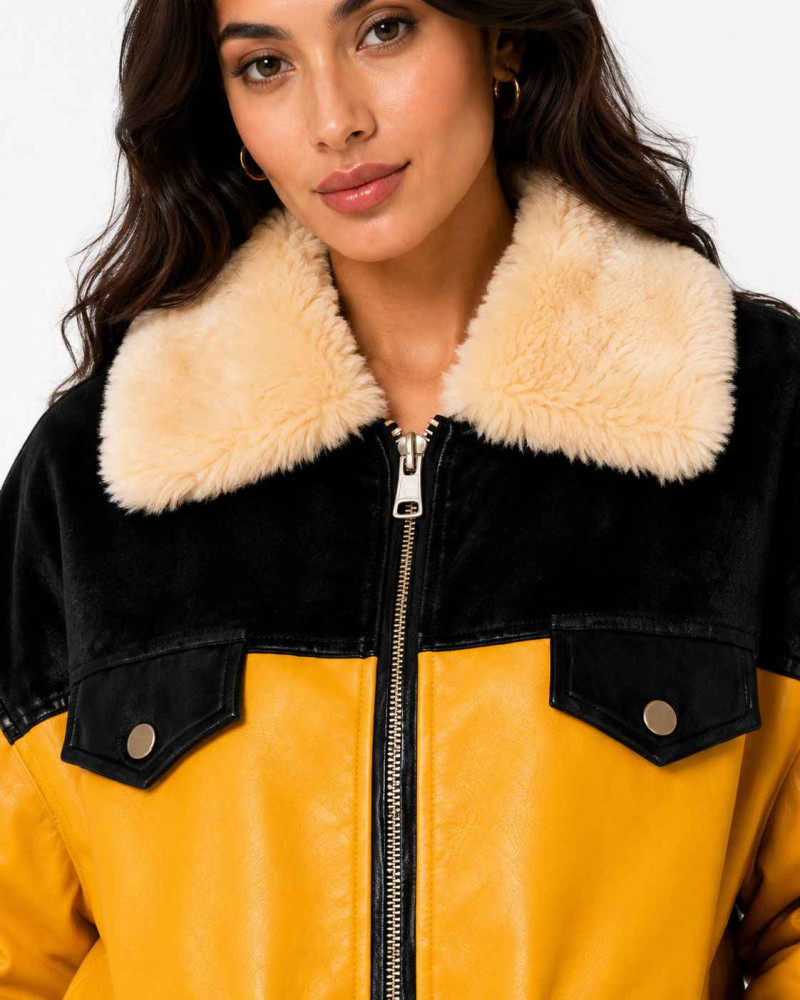 Women's Yellow & Black Shearling Leather Bomber Jacket
