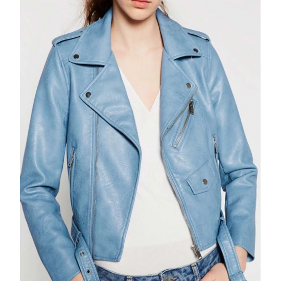 Women’s Baby Blue Motorcycle Leather Jacket
