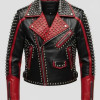 Women's Black & Red Studded Leather Biker Jacket with Silver Spikes