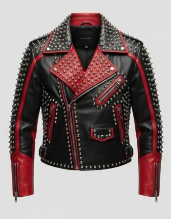 Women's Black & Red Studded Leather Biker Jacket with Silver Spikes