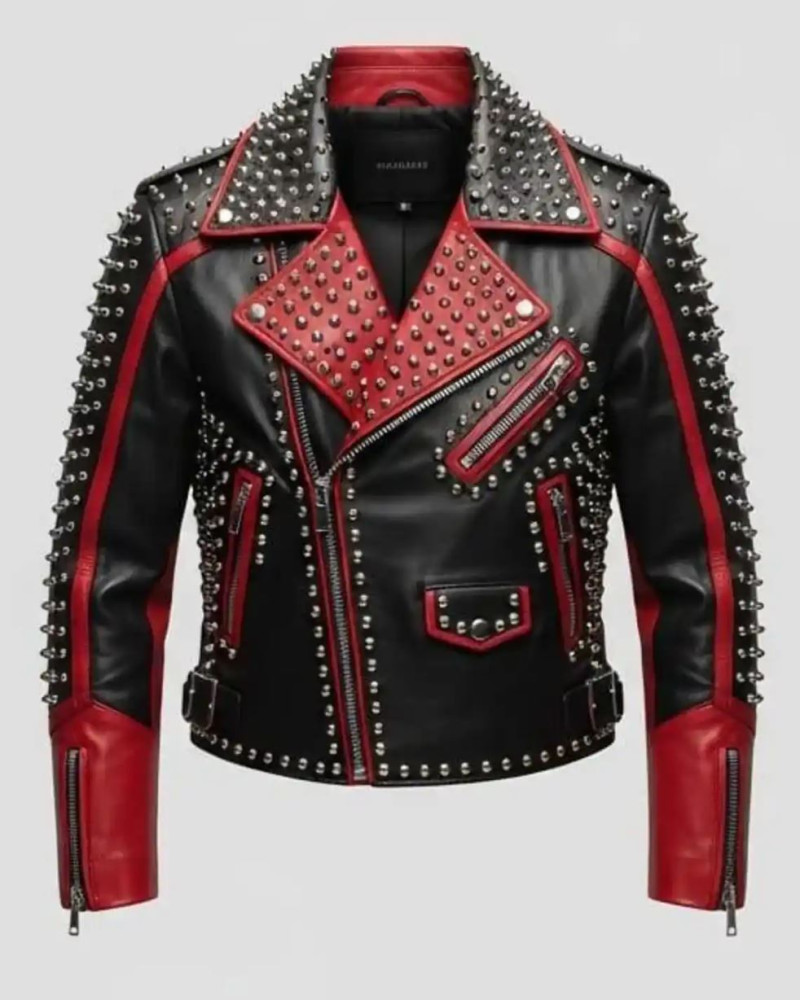 Women's Black & Red Studded Leather Biker Jacket with Silver Spikes