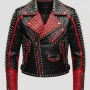 Women's Black & Red Studded Leather Biker Jacket with Silver Spikes