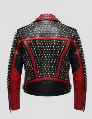 Women's Black & Red Studded Leather Biker Jacket with Silver Spikes