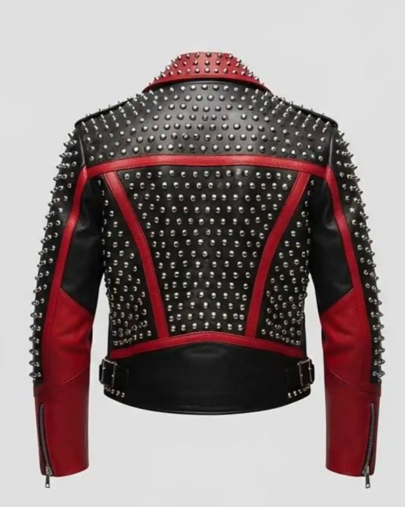 Women's Black & Red Studded Leather Biker Jacket with Silver Spikes