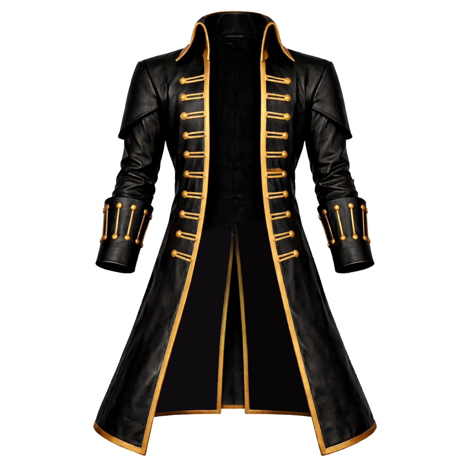 Men's Gothic Vampire Leather Coat with Gold Trim