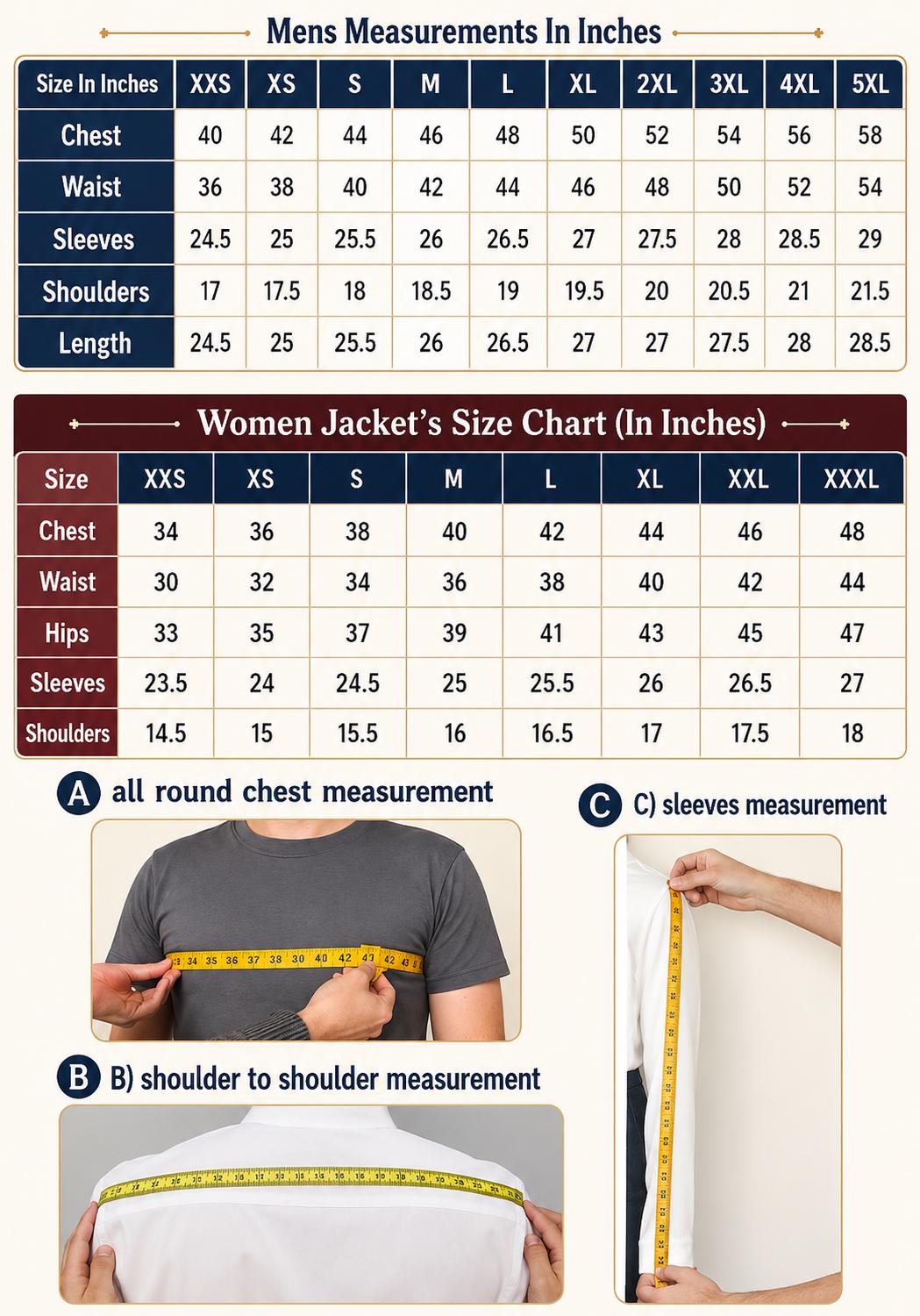LeatherHex jacket size chart and measurement guide