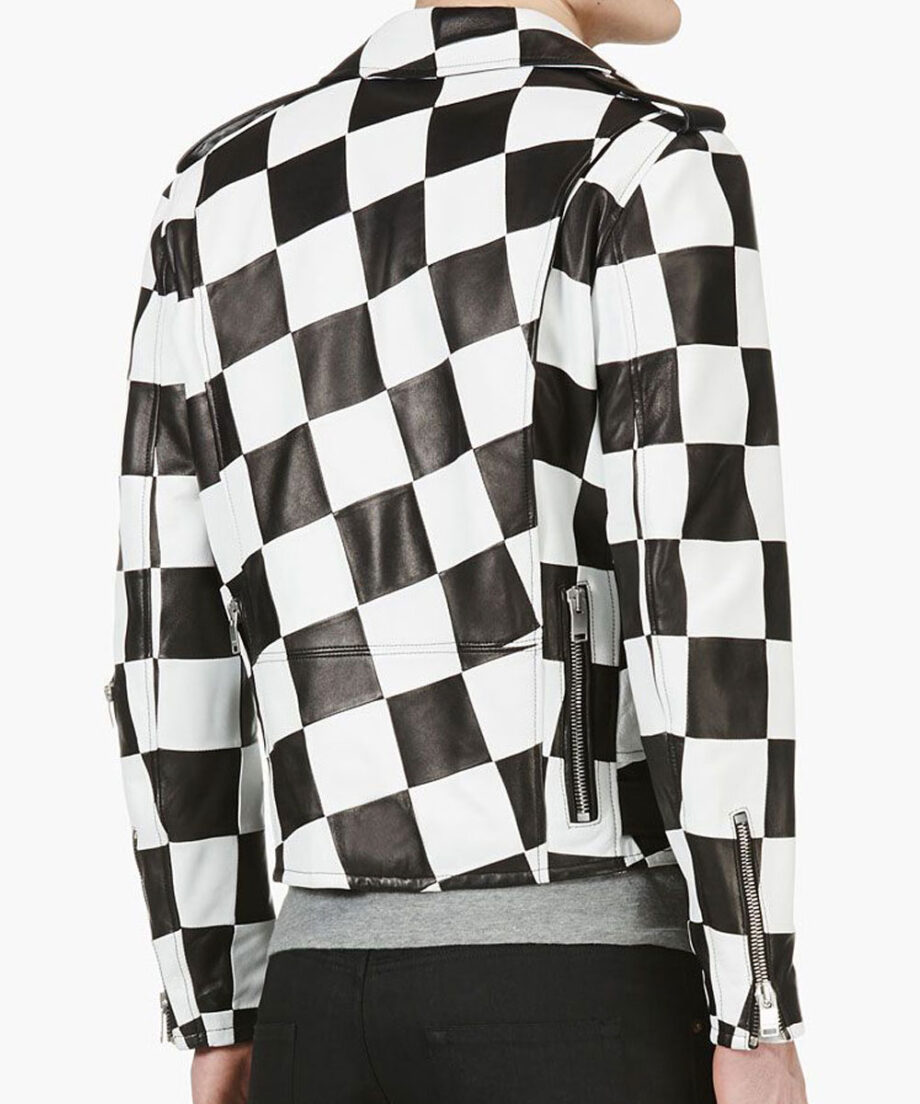 Mens Biker Asymmetrical Zipper Checkerboard Leather Jacket