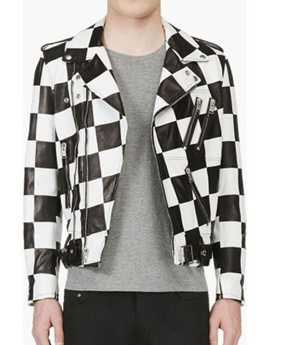Mens Biker Asymmetrical Zipper Checkerboard Leather Jacket