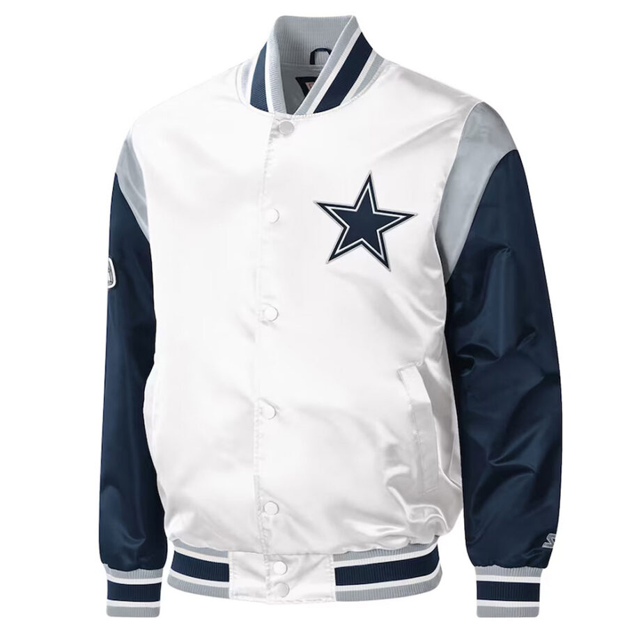 Dallas Cowboys Warm-Up Pitch White And Blue Varsity Satin Jacket