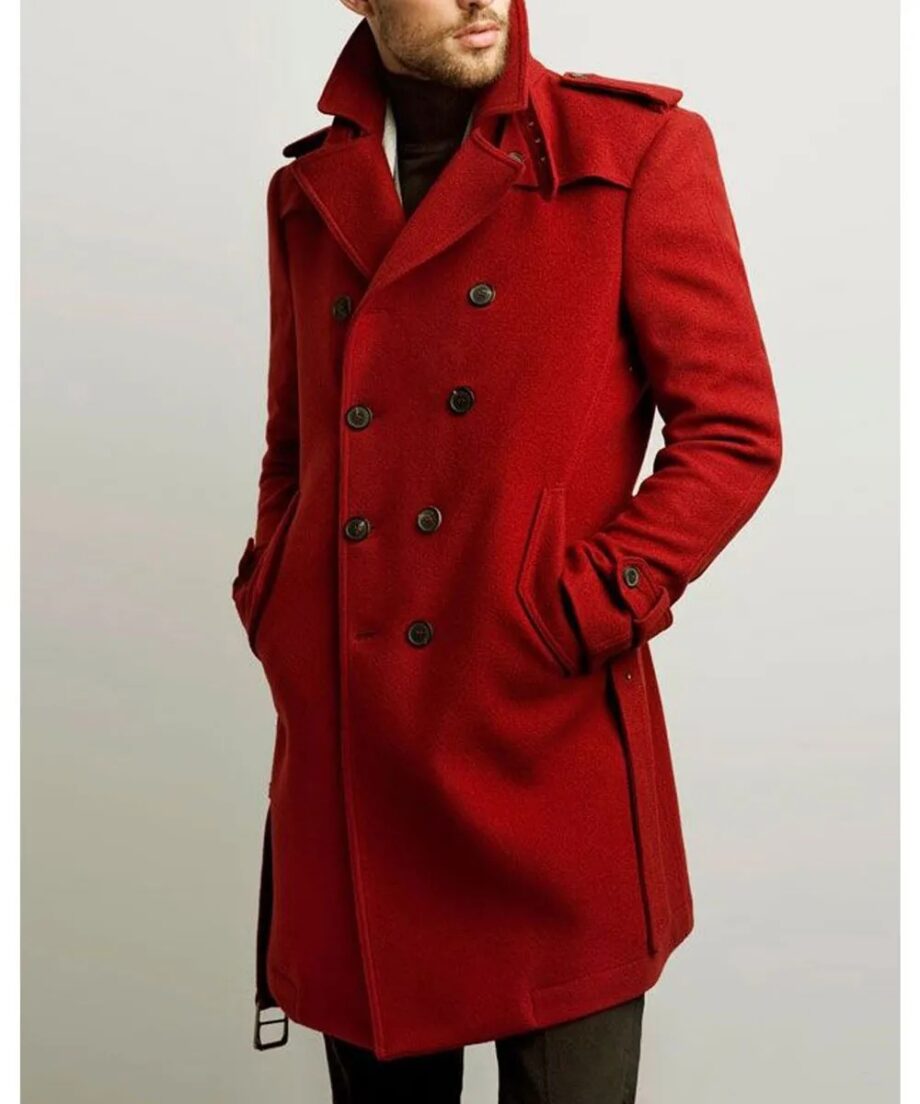 Mens Double Breasted Red Belted Coat