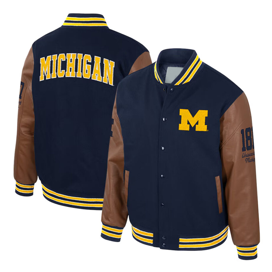 Michigan Wolverines Navy And Brown Vintage Letterman Jacket