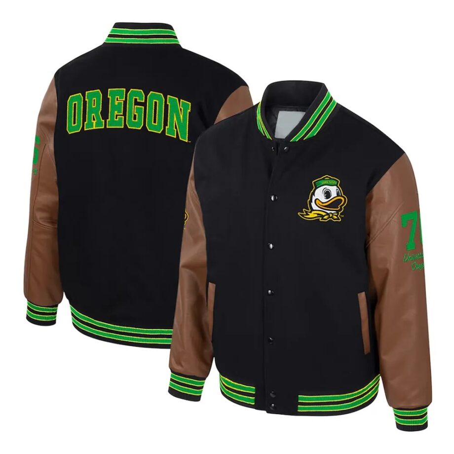 Oregon Ducks Navy and Brown Letterman Jacket