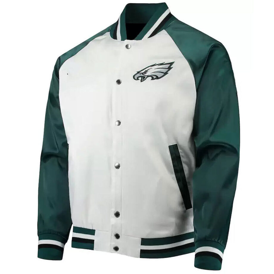 White/Green Philadelphia Eagles Varsity Satin Jacket