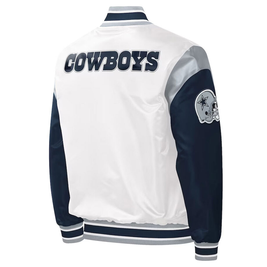 Dallas Cowboys Warm-Up Pitch White And Blue Varsity Satin Jacket