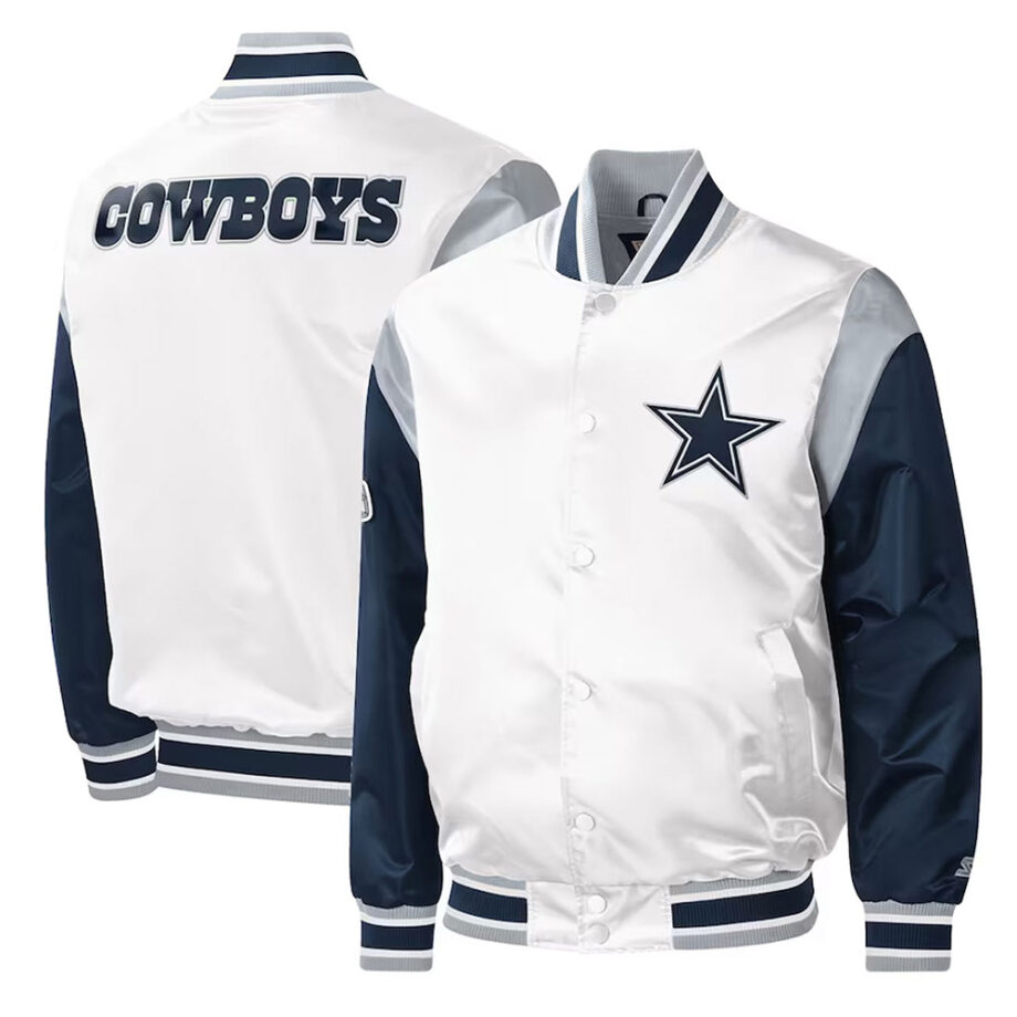 Dallas Cowboys Warm-Up Pitch White And Blue Varsity Satin Jacket