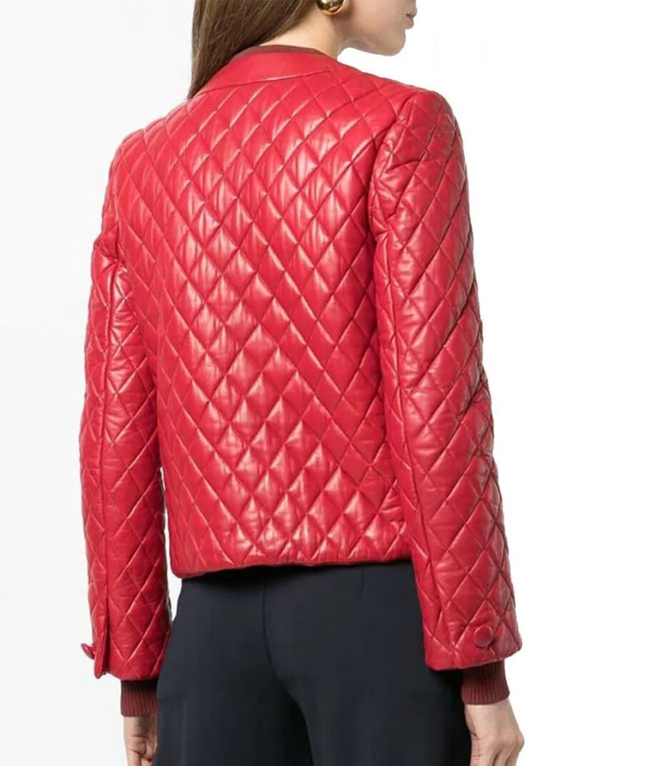 Women’s Collarless Quilted Red Leather Jacket