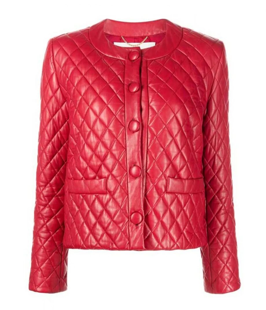 Women’s Collarless Quilted Red Leather Jacket