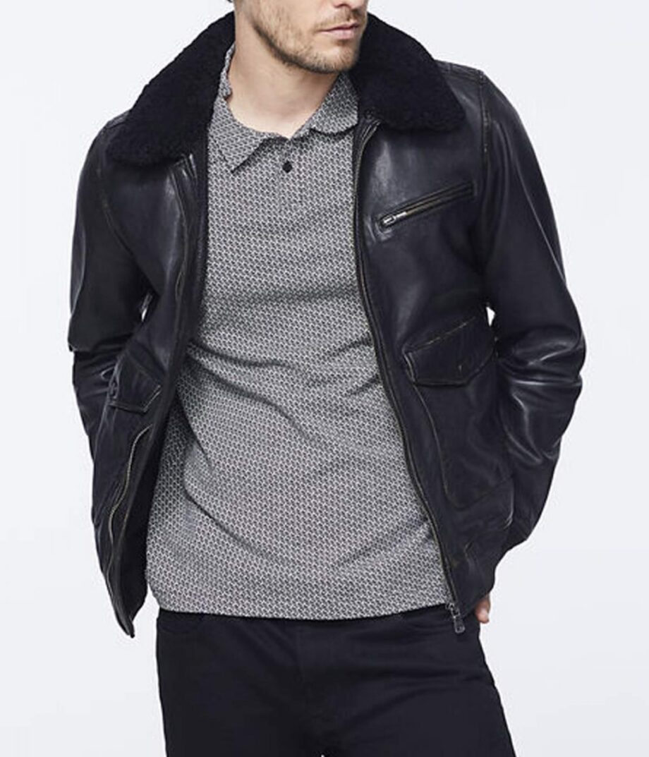 Mens Black Bomber Jacket with Sherpa Collar